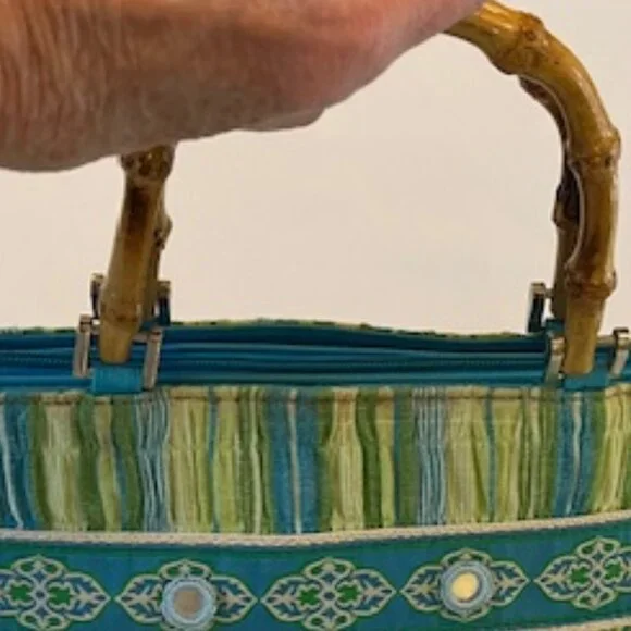 BRACIANO | Vintage Green & Blue Small Tote Purse Bag w/Round Mirror inserts - Picture 11 of 11